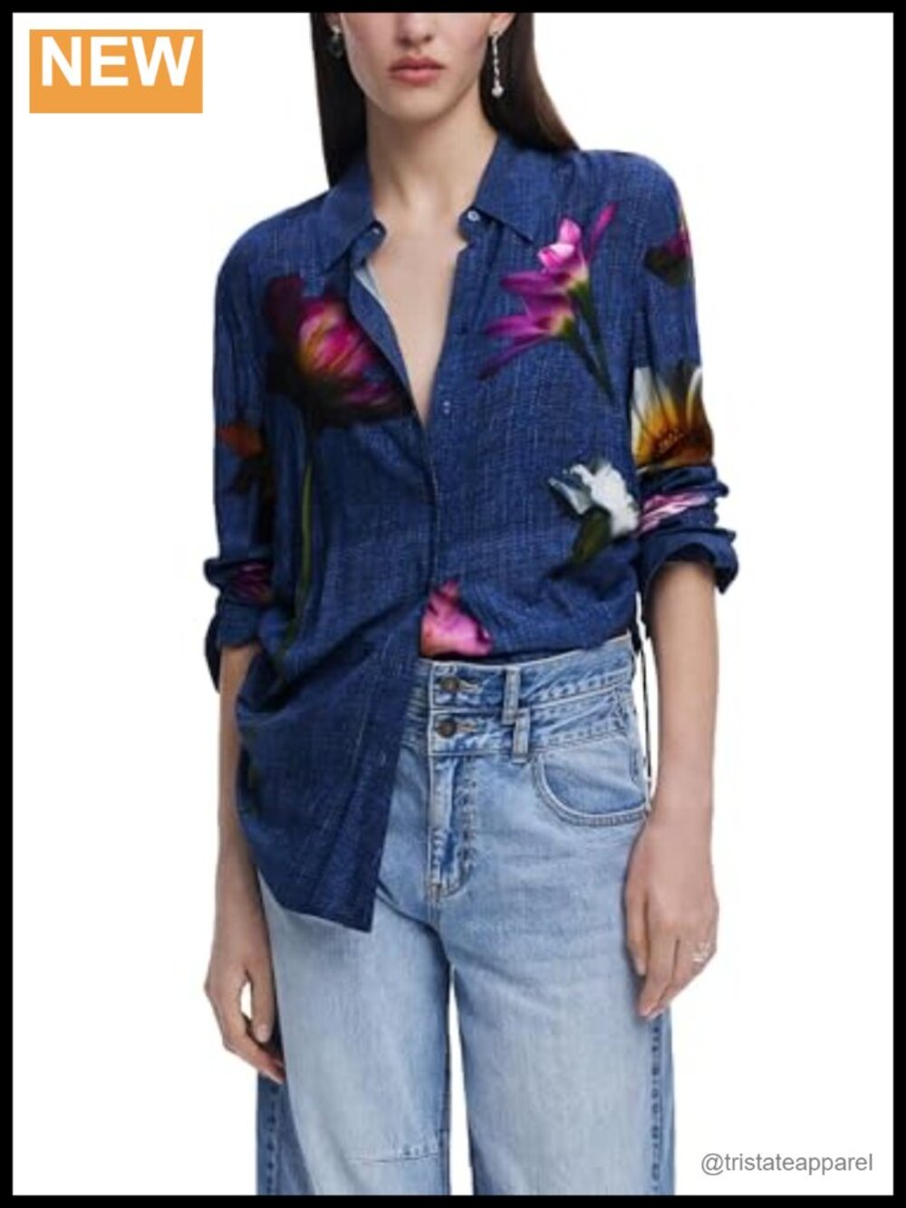 Women's Floral Button-Down Shirt 100% Viscose Long Sleeve Regular Fit